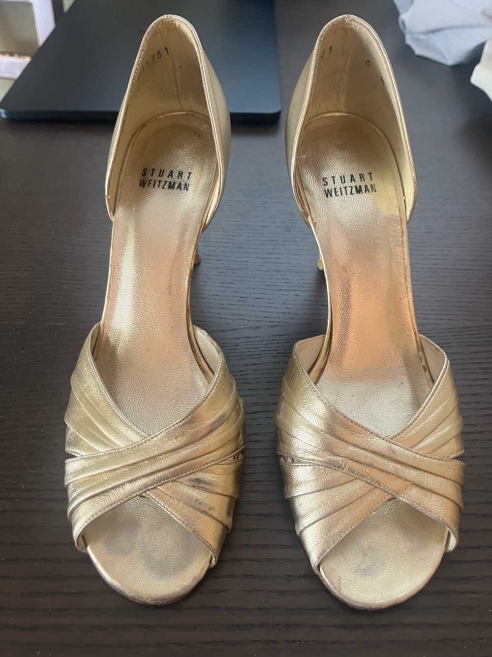 Stuart Weitzman Metallic Gold Cross-Strap Open-Toe Heels